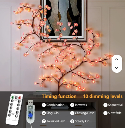 Enchanted Pink Cherry Blossom Tree Branch Lights with 8 Lights